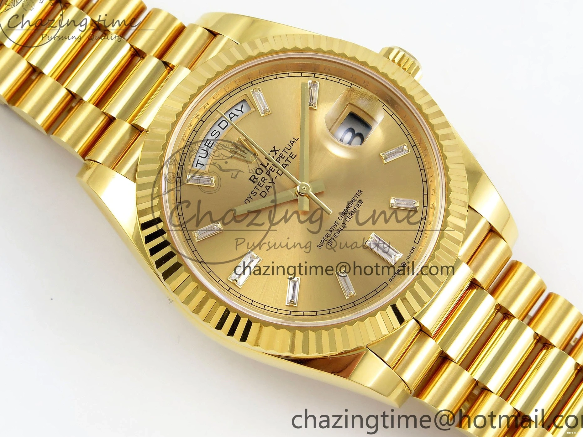 MiroTime 0105 WrinkleFree DayDate 40 228238 ARF 904L Steel YG Crystal Diamonds Bezel on President Bracelet VR 1550